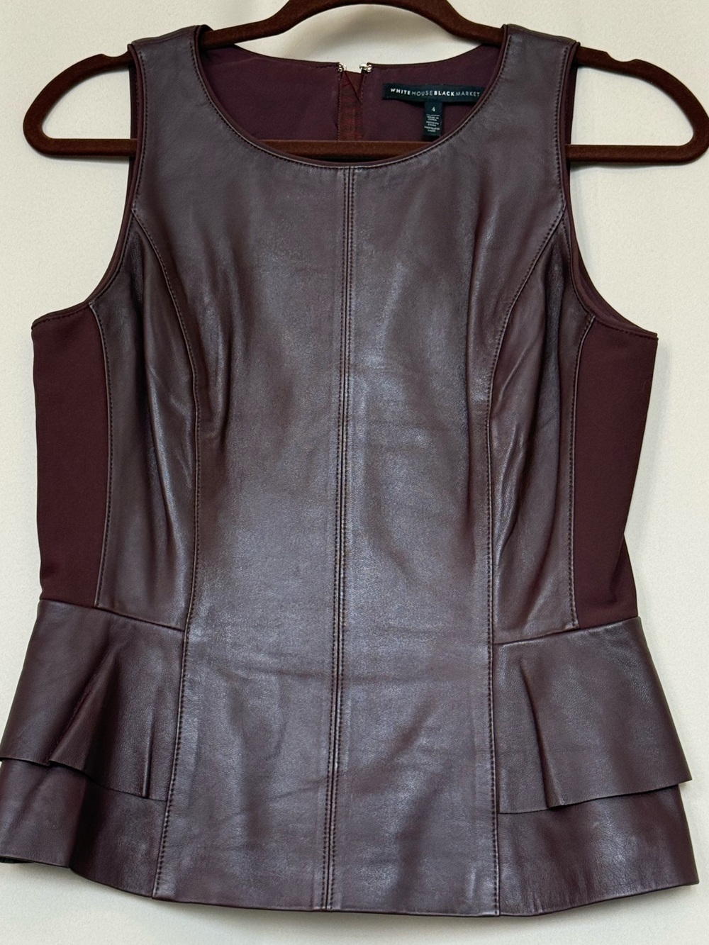 White House Black Market Sleeveless Peplum Leather Top - Wine
